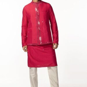 Hot Pink Mirror Work Embroidered Bundi Jacket And Kurta Set For Men