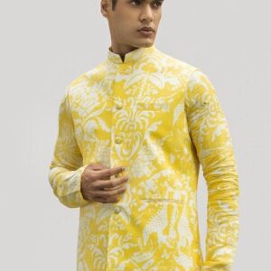 Yellow Printed Bundi Jacket For Men