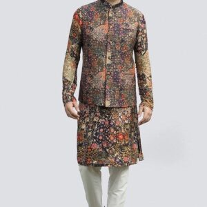 Black Printed Mirror Work Bundi Jacket And Kurta Set For Men