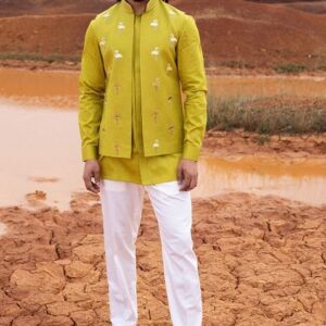 Green Hand Embroidered Bundi Jacket Set For Men