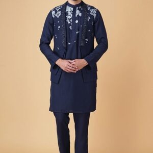 Navy Blue Printed Bundi Jacket And Kurta Set For Men