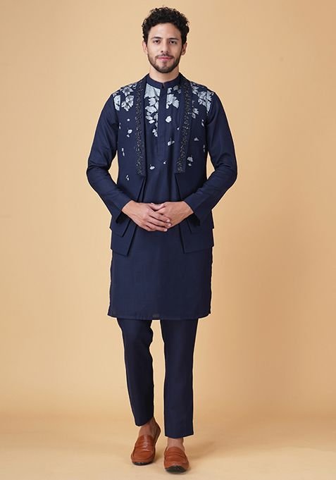 Navy Blue Printed Bundi Jacket And Kurta Set For Men