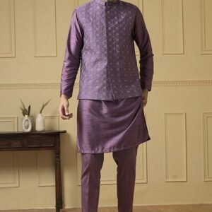Purple Bee Embroidered Nehru Jacket Set For Men