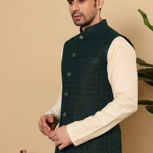 Dark Green Embroidered Rayon Silk Nehru Jacket And Kurta Set