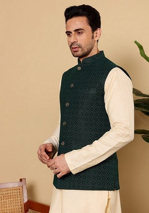 Dark Green Embroidered Rayon Silk Nehru Jacket And Kurta Set