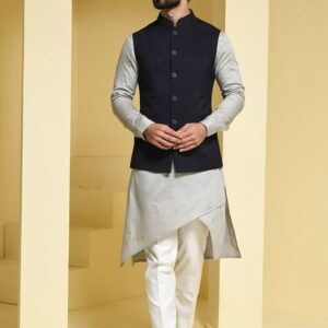 Silver And Blue Embroidered Jacket And Kurta Set For Men