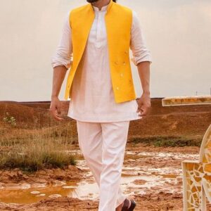 Yellow And Pink Hand Embroidered Boat Bundi Jacket Set For Men