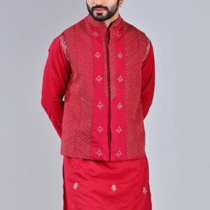 Red Geometric Embroidered Nehru Jacket For Men