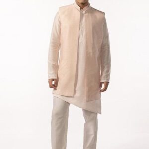 Pink Embroidered Pintuck Kurta Set For Men