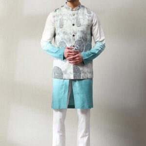 Light Blue Embroidered Handloom Jacket And Kurta Set For Men
