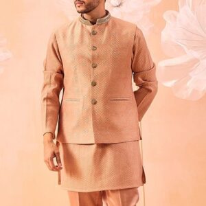 Brown Hand Embroidered Soft Silk Nehru Jacket Set For Men