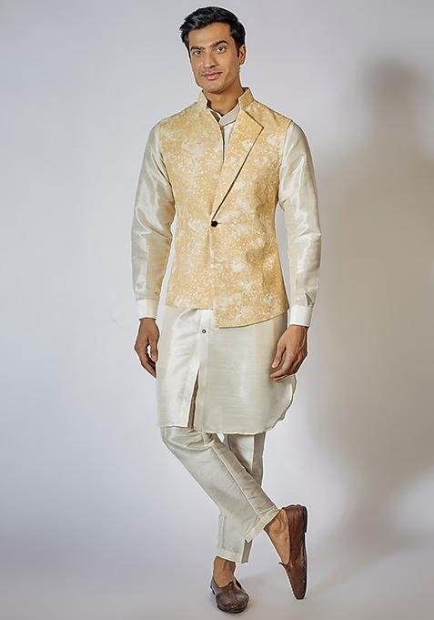 Yellow Shaded Jacket And Kurta Set For Men