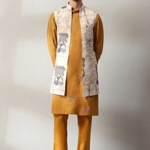 Mustard Embroidered Handloom Jacket And Kurta Set For Men