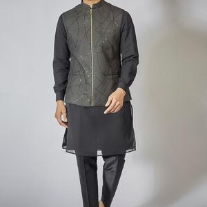 Black Sequin Embroidered Zipper Jacket And Kurta Set For Men