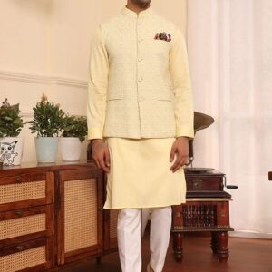 Lemon Yellow Sequin Embroidered Nehru Jacket And Kurta Set For Men