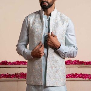 Ice Blue Embroidered Bundi Jacket For Men