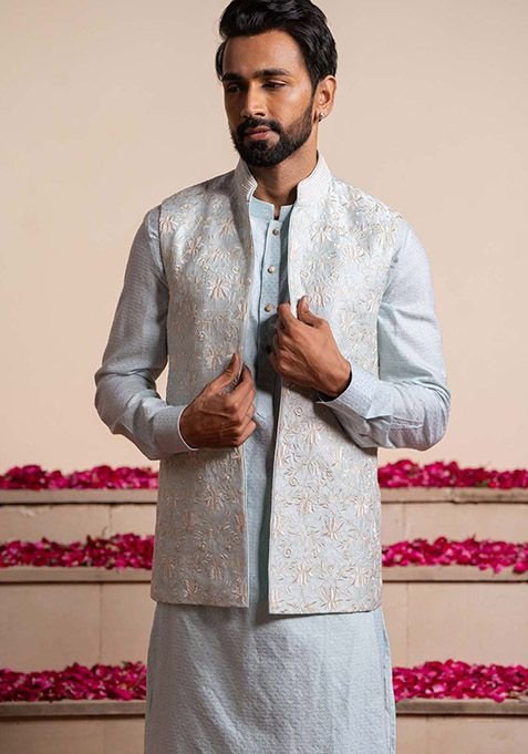 Ice Blue Embroidered Bundi Jacket For Men