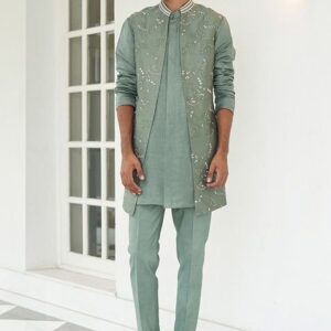 Sheen Green Embroidered Open Jacket With Kurta Set For Men