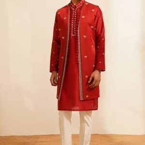 Red Hand Embroidered Jacket And Kurta Set For Men