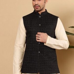 Black Embellished Viscose Silk Nehru Jacket