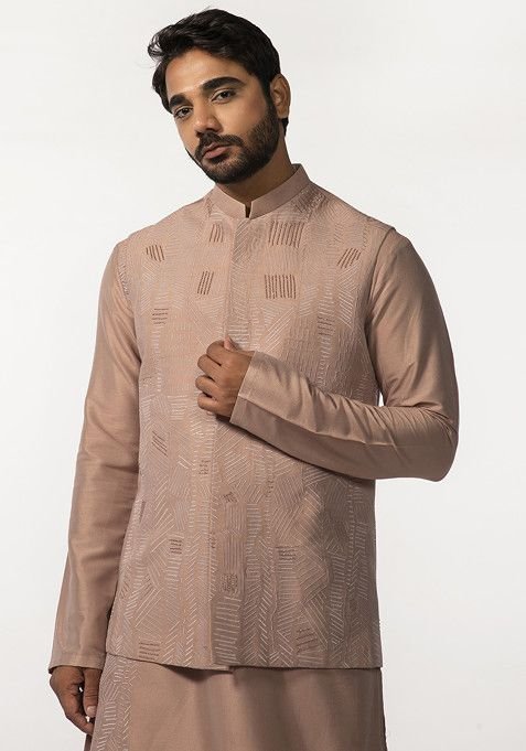 Onion Pink Embroidered Bundi Jacket For Men