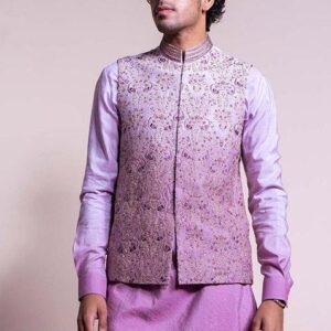 Purple Ombre Embroidered Bundi Jacket For Men