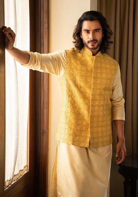 Yellow Zari Embroidered Nehru Jacket For Men