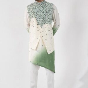 Multicolour Hand Embroidered Silk Nehru Jacket For Men