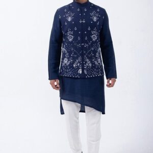 Navy Blue Sleeveless Embroidered Bundi Jacket For Men