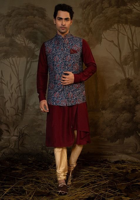 Navy Blue Floral Print Jacket And Maroon Kurta Set For Men