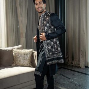 Black Embroidered Silk Kurta Jacket Set For Men