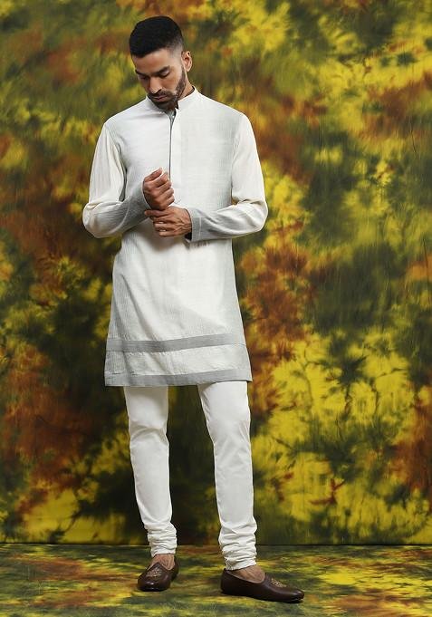 Pastel Grey Embroidered Kurta And Jacket Set For Men