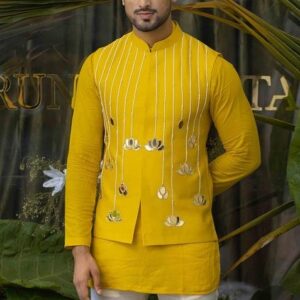 Yellow Hand Embroidered Bundi Jacket For Men