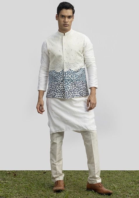 Ivory Embroidered Bundi Jacket And Kurta For Men