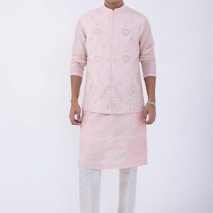 Baby Pink And Ivory Embroidered Bundi Jacket And Kurta Set For Men