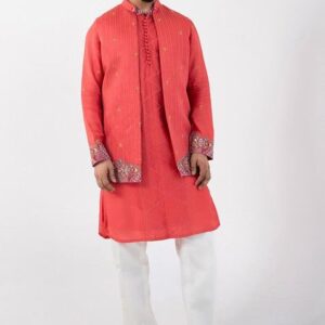 Orange Hand Embroidered Linen Satin Nehru Jacket Set For Men