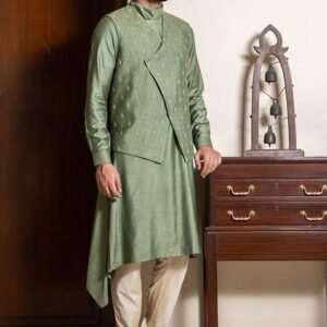 Green Hand Embroidered Silk Jacket And Draped Kurta Set For Men