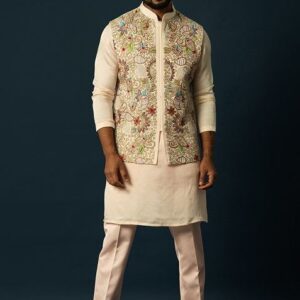 Fawn Embroidered Linen Nehru Jacket Set For Men