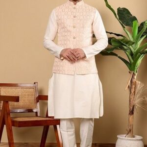 Peach Embroidered Viscose Silk Nehru Jacket And Kurta Set