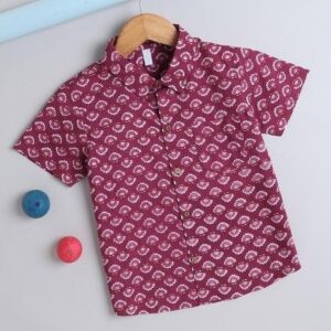 Wine Printed Cotton Shirt For Boys