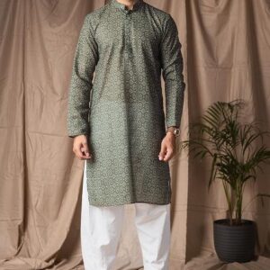 Mehendi Green Printed Linen Kurta For Men