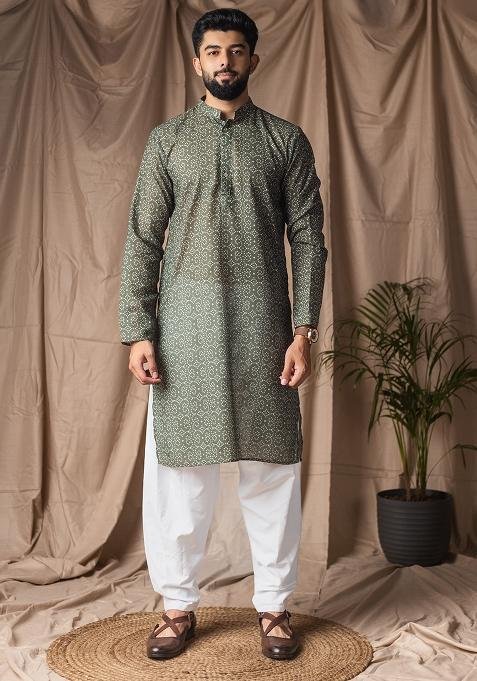 Mehendi Green Printed Linen Kurta For Men