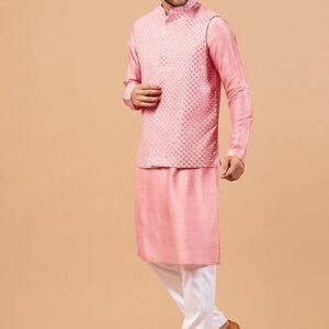 Pink Pinoret Embroidered Nehru Jacket Set For Men