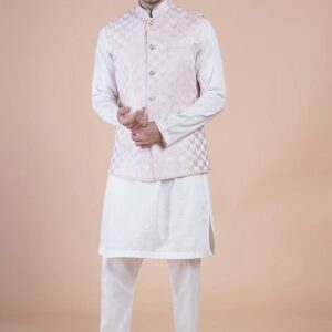 Pink Embroidered Raw Silk Bundi Jacket For Men