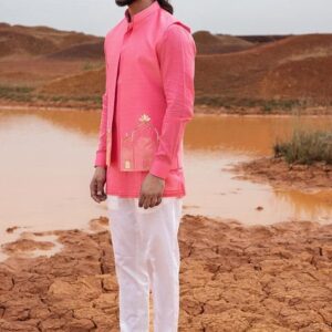 Fuchsia Pink Cut Pipe Embellished Fort Bundi Jacket Set For Men