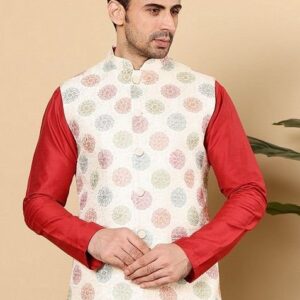 White Embellished Viscose Dupion Silk Nehru Jacket