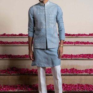 Blue Kantha Work Bundi Jacket And Kurta For Men