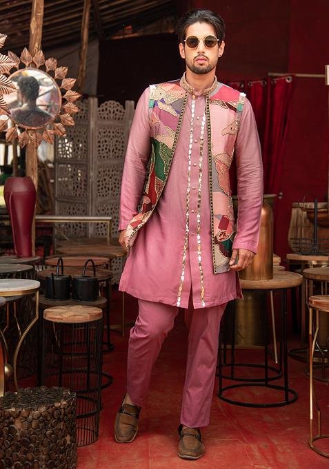 Purple And Multicolour Mirror Work Kurta Set For Men