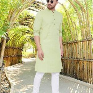 Green Solid Cotton Kurta For Men