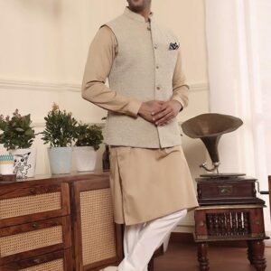 Beige Gold Nehru Jacket And Kurta Set For Men